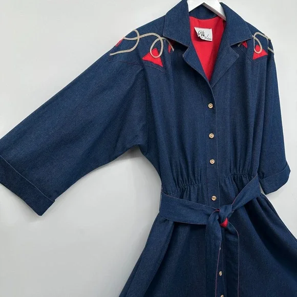 Vintage Denim Midi Dress‎ Medium Pockets Western Cottagecore Rodeo Prairie USA - Picture 2 of 11
